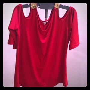 Red shirt with gold sequins shoulder straps